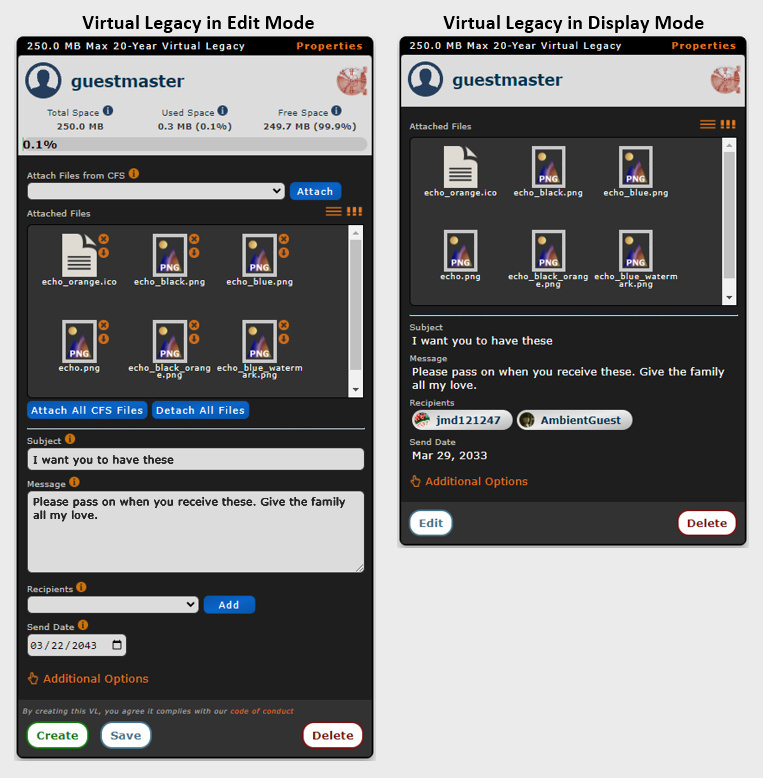 what a virtual legacy looks like in edit mode and in display mode